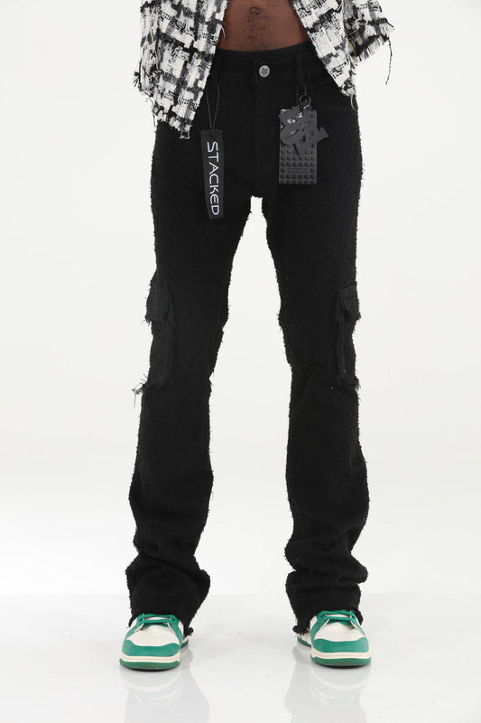 Black All Over Textured Stacked Flare Jeans