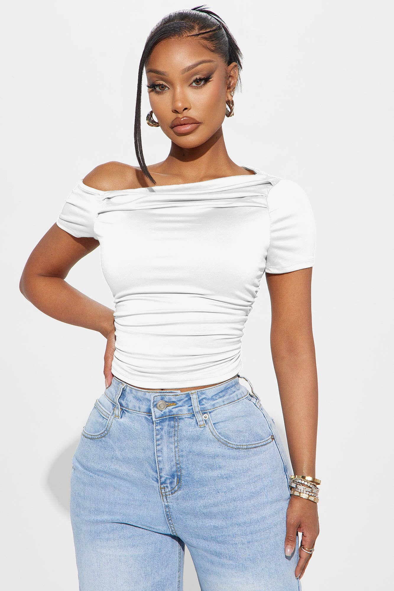 ASYMMETRICAL SHOULDER RUCNED TOP