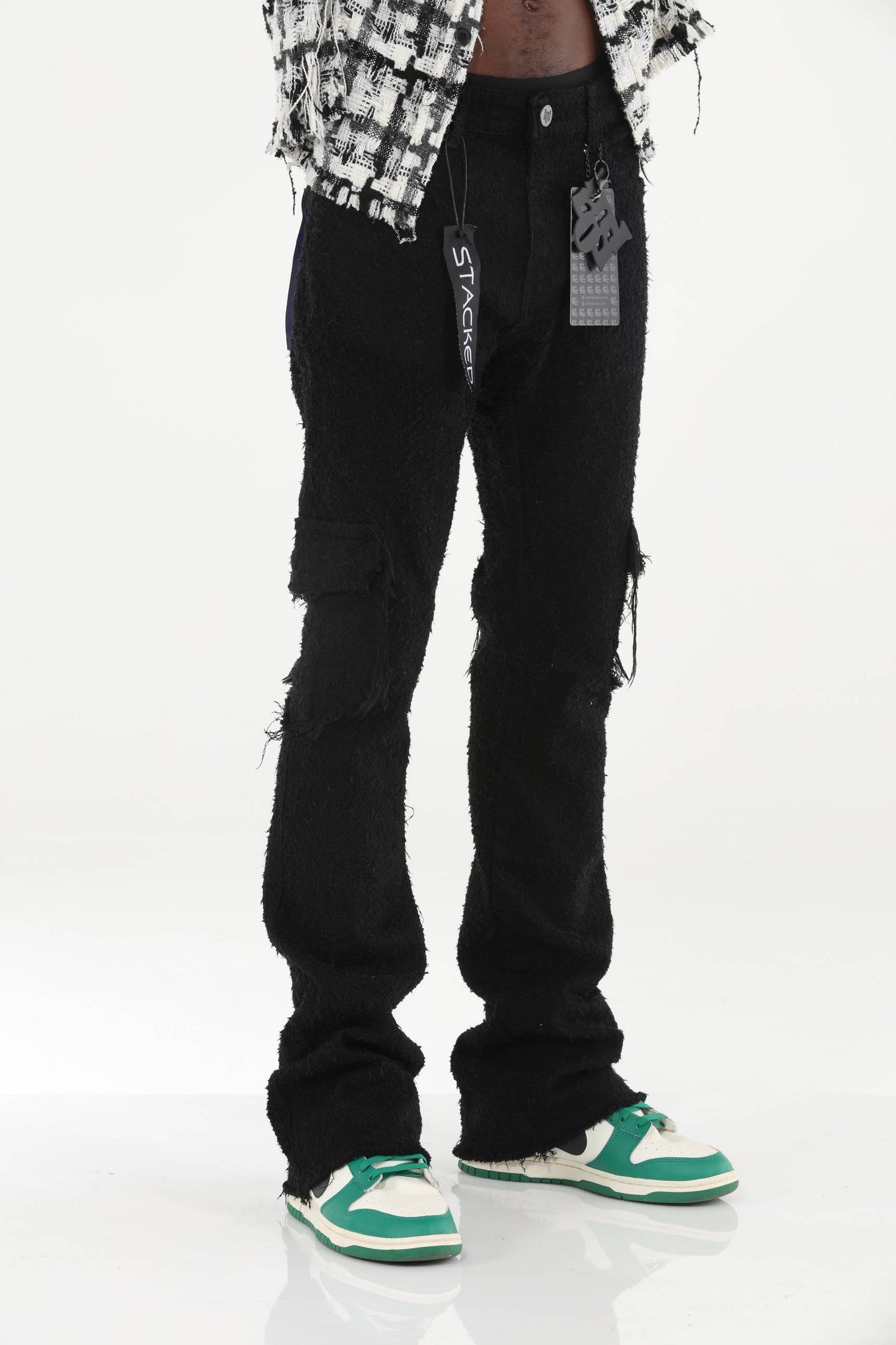 Black All Over Textured Stacked Flare Jeans
