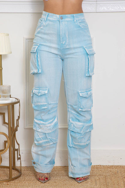 WASHED DENIM CARGO JEANS