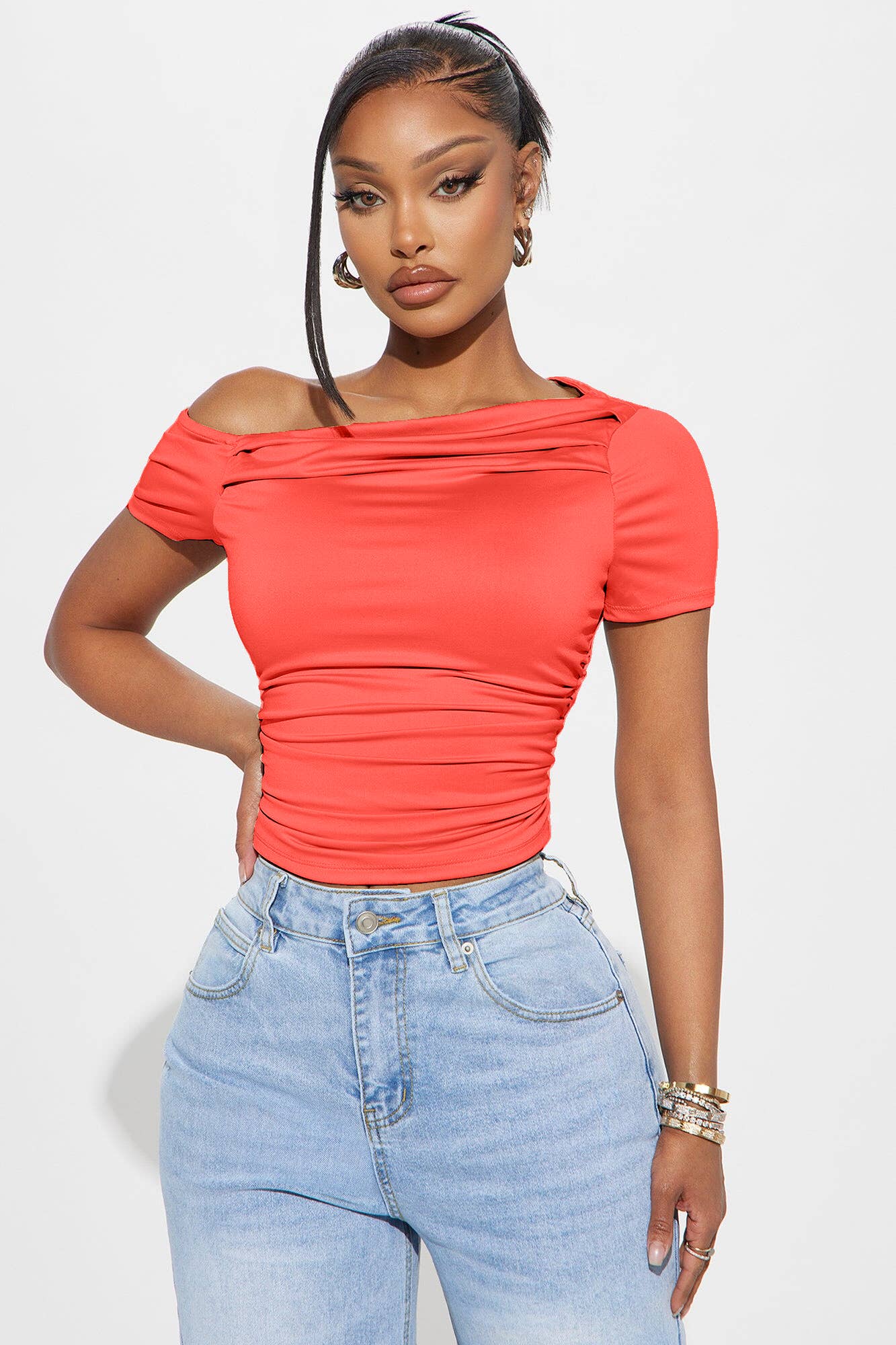 ASYMMETRICAL SHOULDER RUCNED TOP