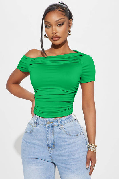 ASYMMETRICAL SHOULDER RUCNED TOP