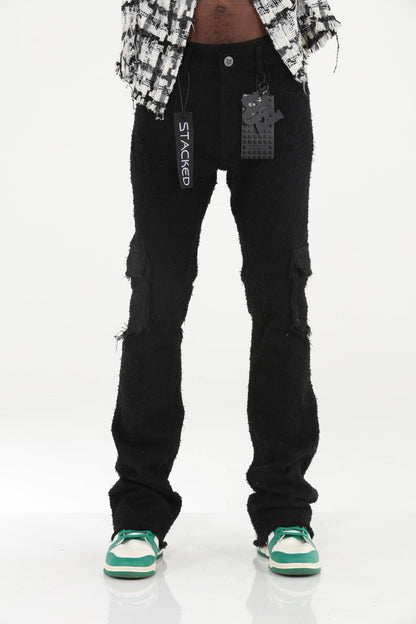 Black All Over Textured Stacked Flare Jeans