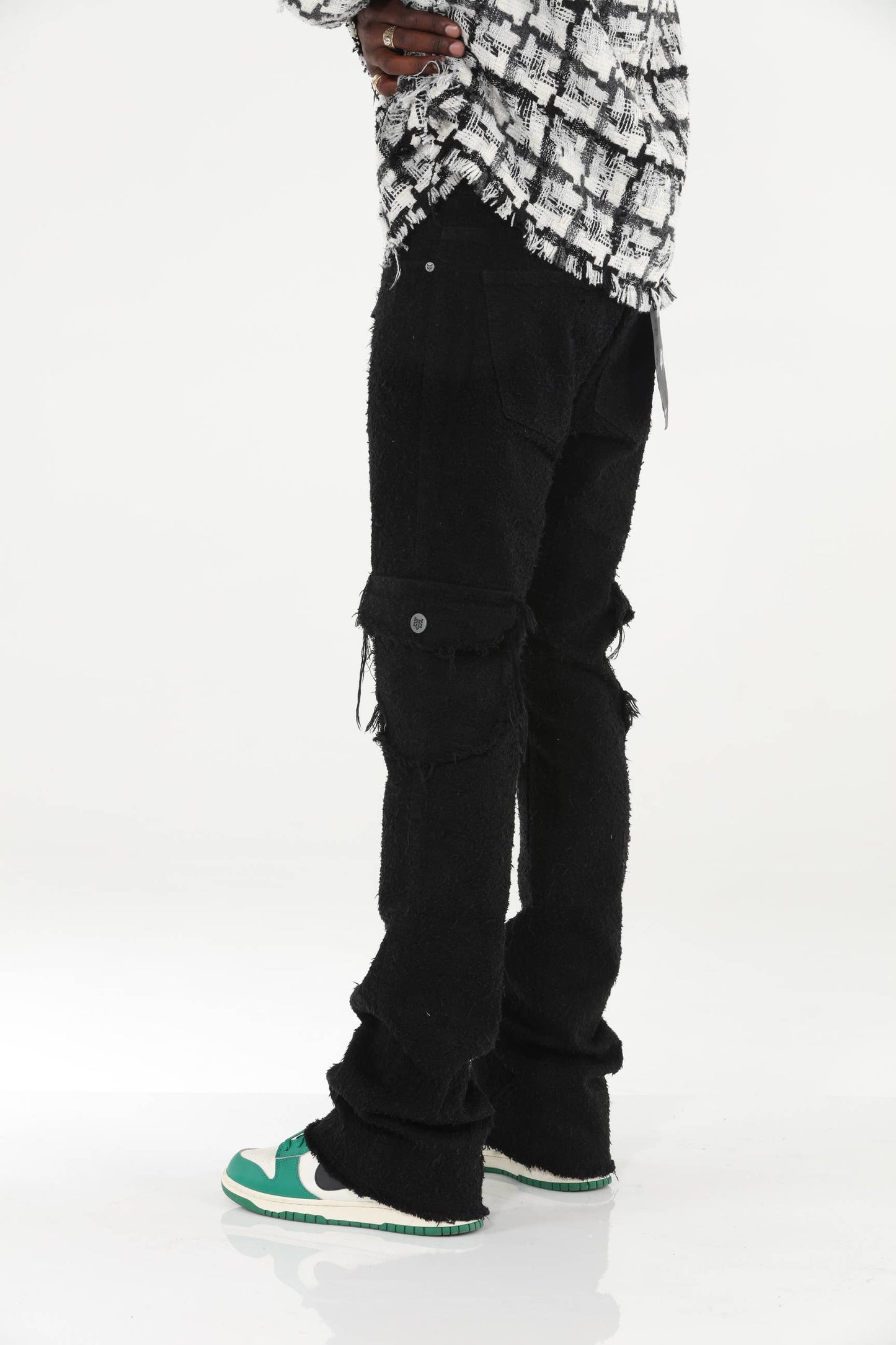Black All Over Textured Stacked Flare Jeans