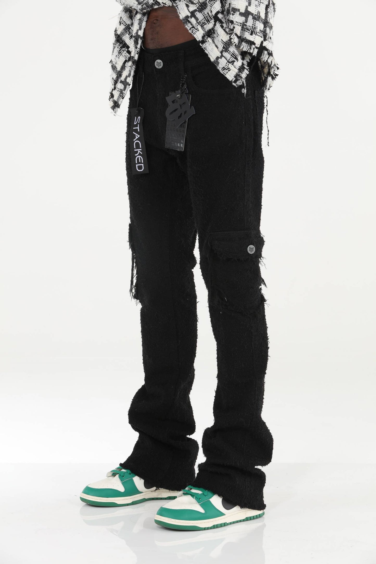 Black All Over Textured Stacked Flare Jeans