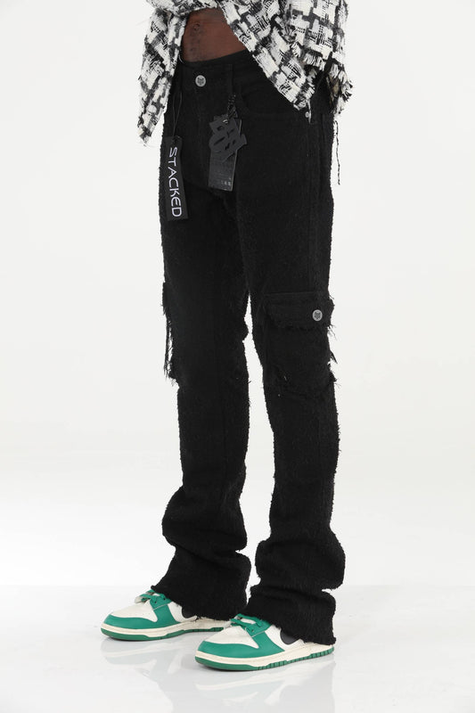 Black All Over Textured Stacked Flare Jeans