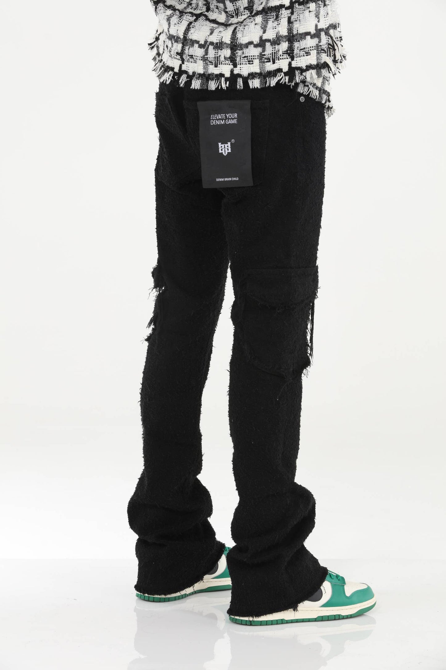 Black All Over Textured Stacked Flare Jeans
