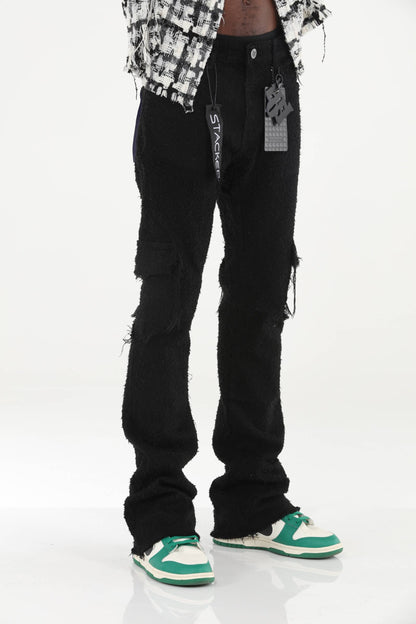 Black All Over Textured Stacked Flare Jeans